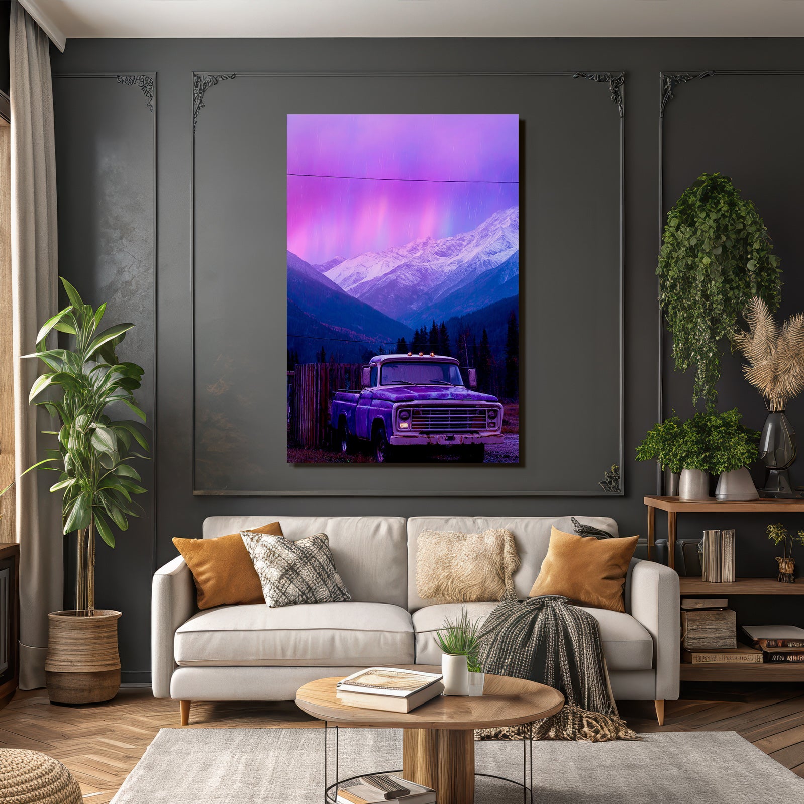 Polarlicht Vintage Lastwagen In Der Natur Mit Schneebedeckten Bergen Und Bunten Himmel | Fjorde und Gletscher | Landschaften
