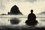 Yoga Meditation Meditierende Person Am Ozean Mit Felseninsel Hintergrund Ruhige Stimmung | Yoga und Meditation | Themen und Hobbys