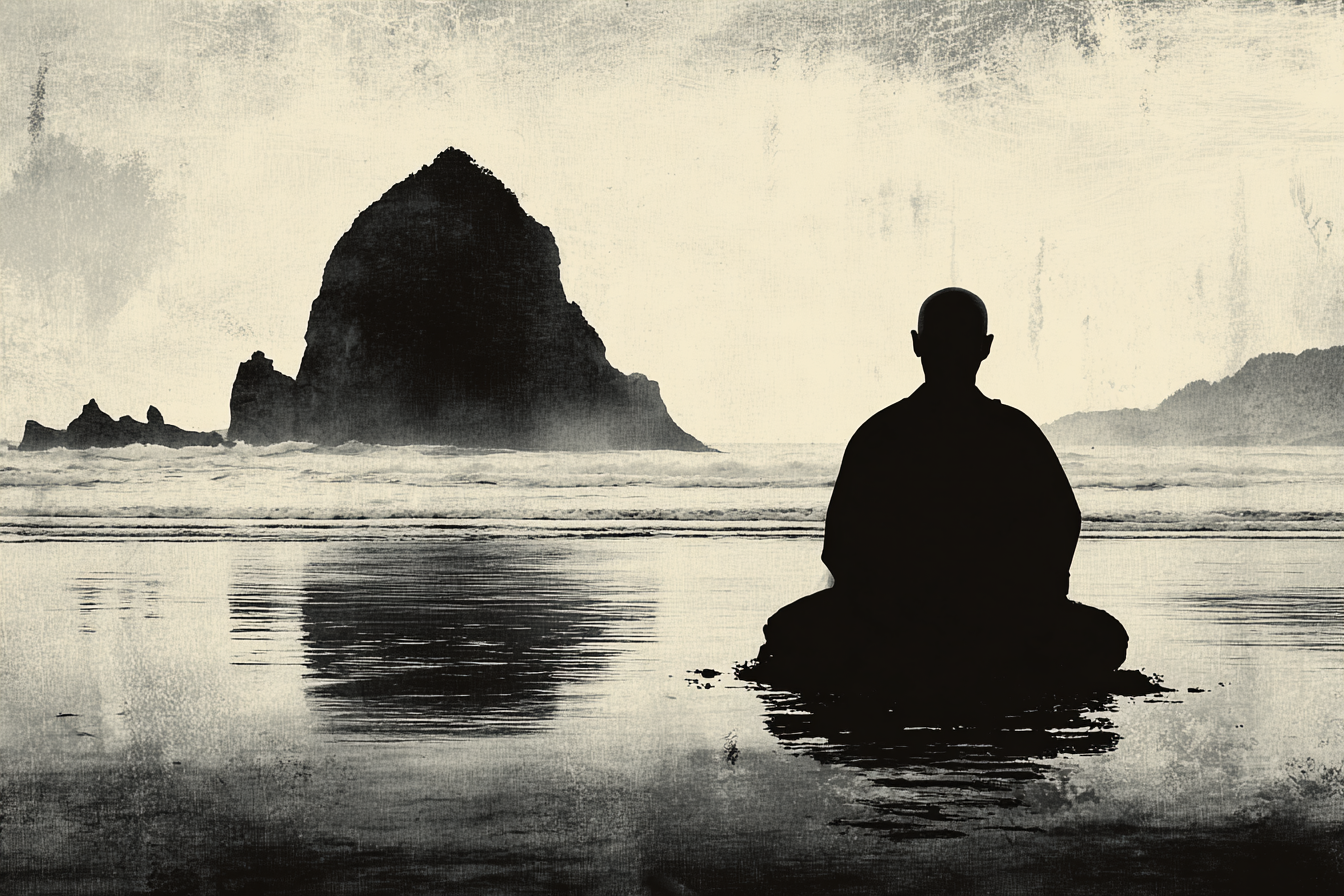 Yoga Meditation Meditierende Person Am Ozean Mit Felseninsel Hintergrund Ruhige Stimmung | Yoga und Meditation | Themen und Hobbys