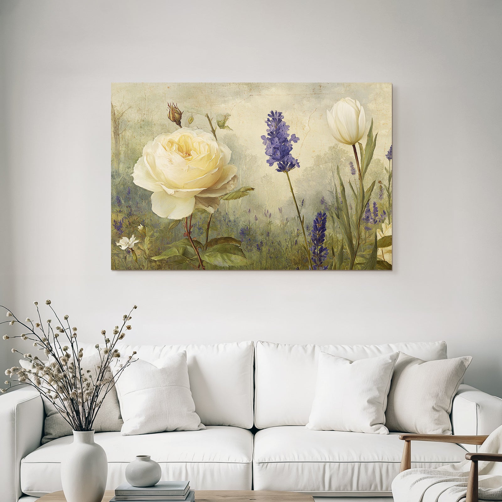 Stilisierte Gemälde Mit Cremefarbener Rose Weisser Tulpe Und Lila Blüten
