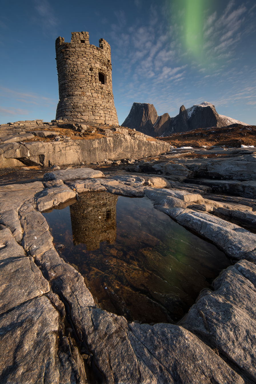 Polarlicht Stein Turm In Rugged Landscape Mit Aurora Borealis Reflektierender Pool | Fjorde und Gletscher | Landschaften