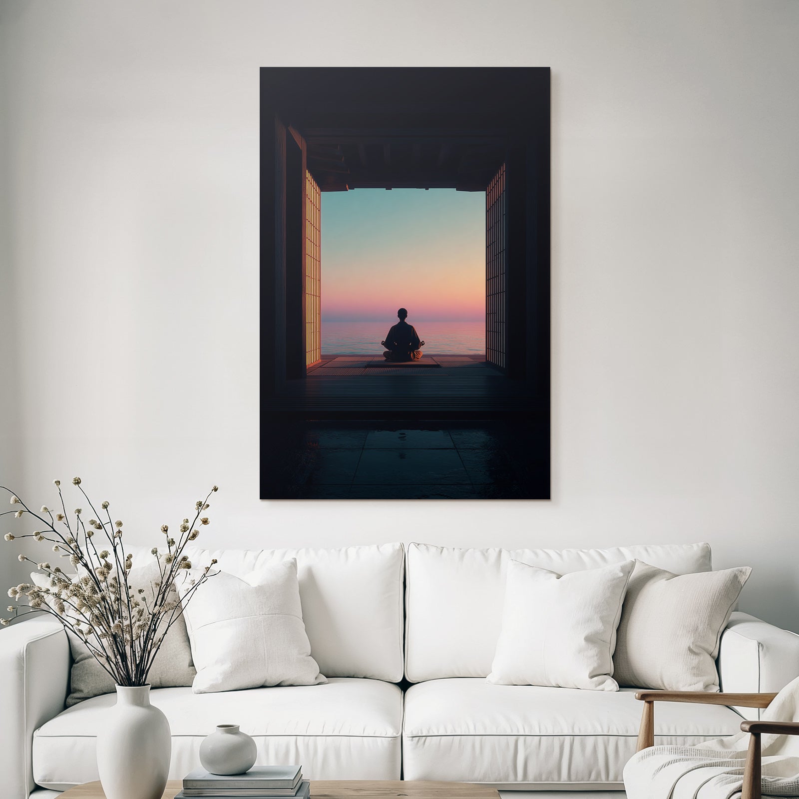 Yoga Meditation Ruhige Szene Person Meditiert See Horizont Sonnenuntergang Japanisches Design | Yoga und Meditation | Themen und Hobbys