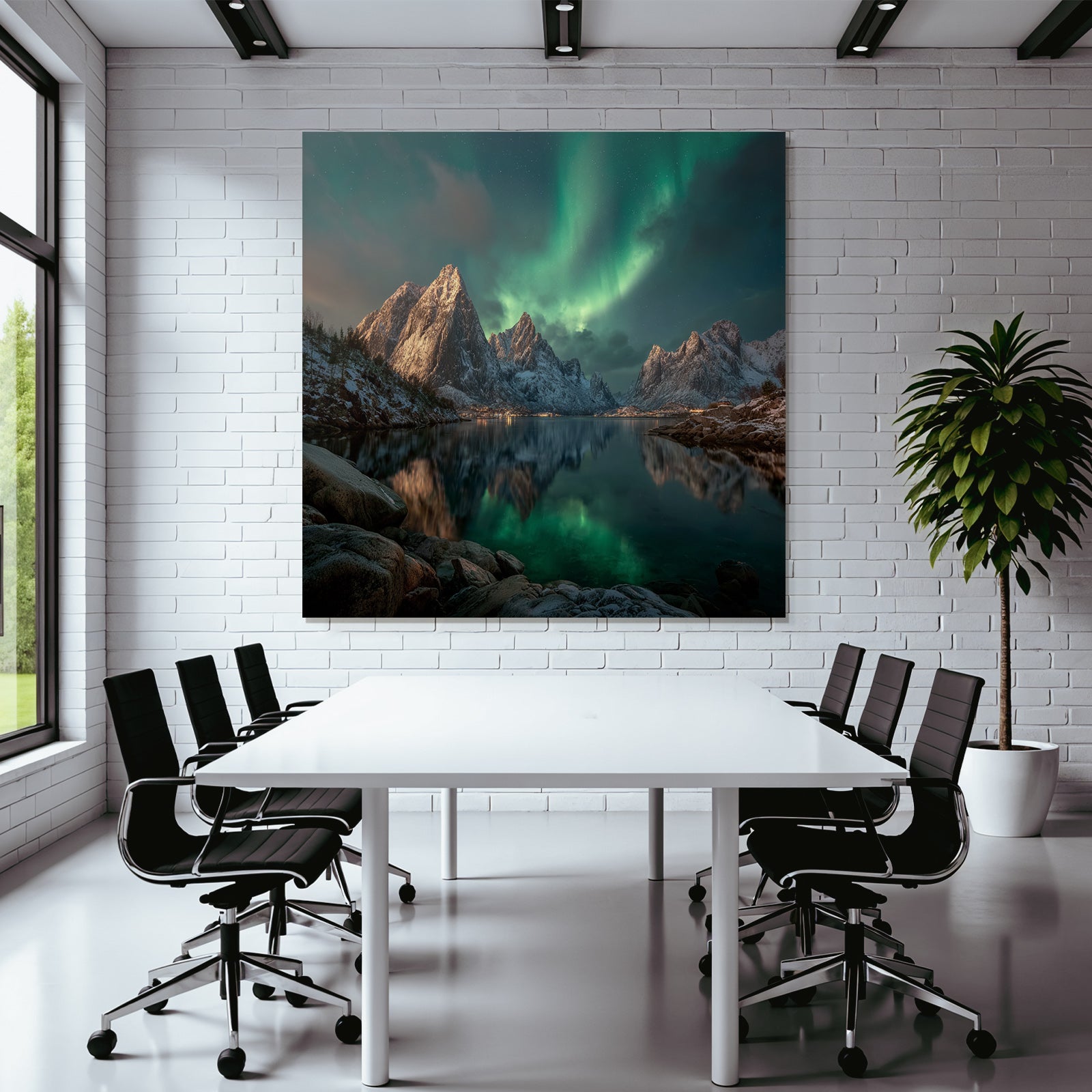 Polarlicht Schneebedeckte Berge Nordlichter Spiegelung Wasser Nachtlandschaft | Fjorde und Gletscher | Landschaften