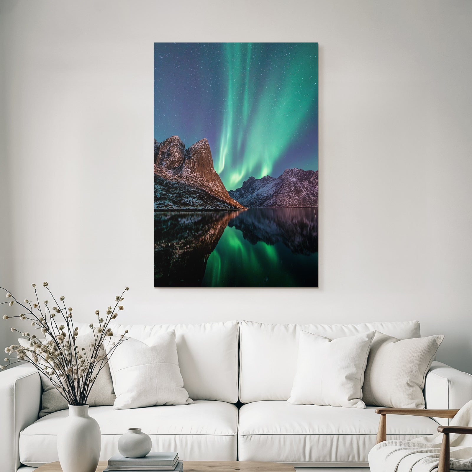 Polarlicht Nordlichter Schneebedeckte Berge Wasser Reflexion | Fjorde und Gletscher | Landschaften