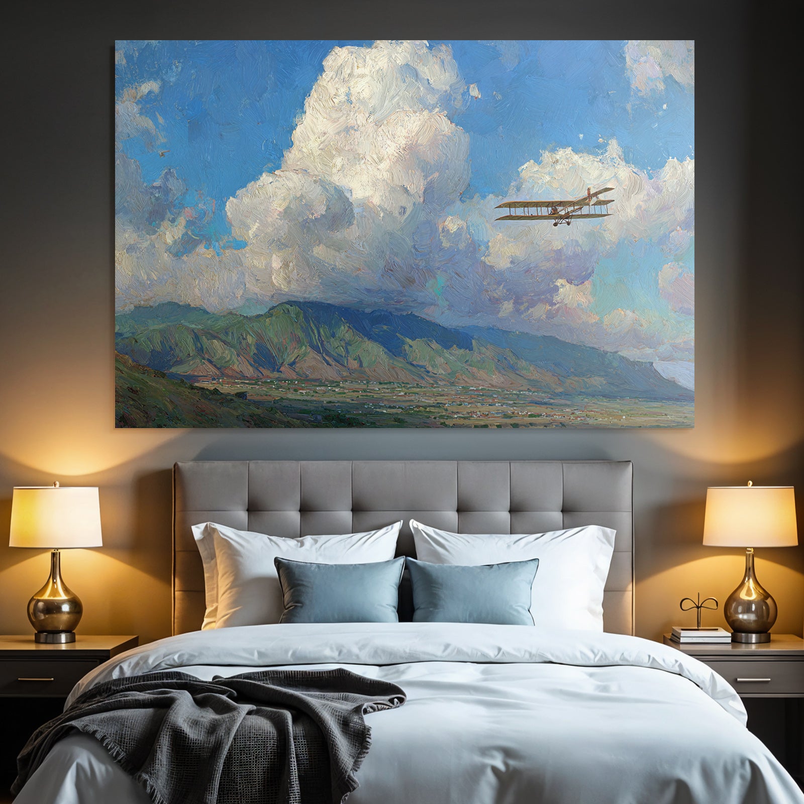 Vintage Biplan Flug Lebendige Himmel Mit Wolken Und Berge | Flugzeuge | Mobilitaet und Technik