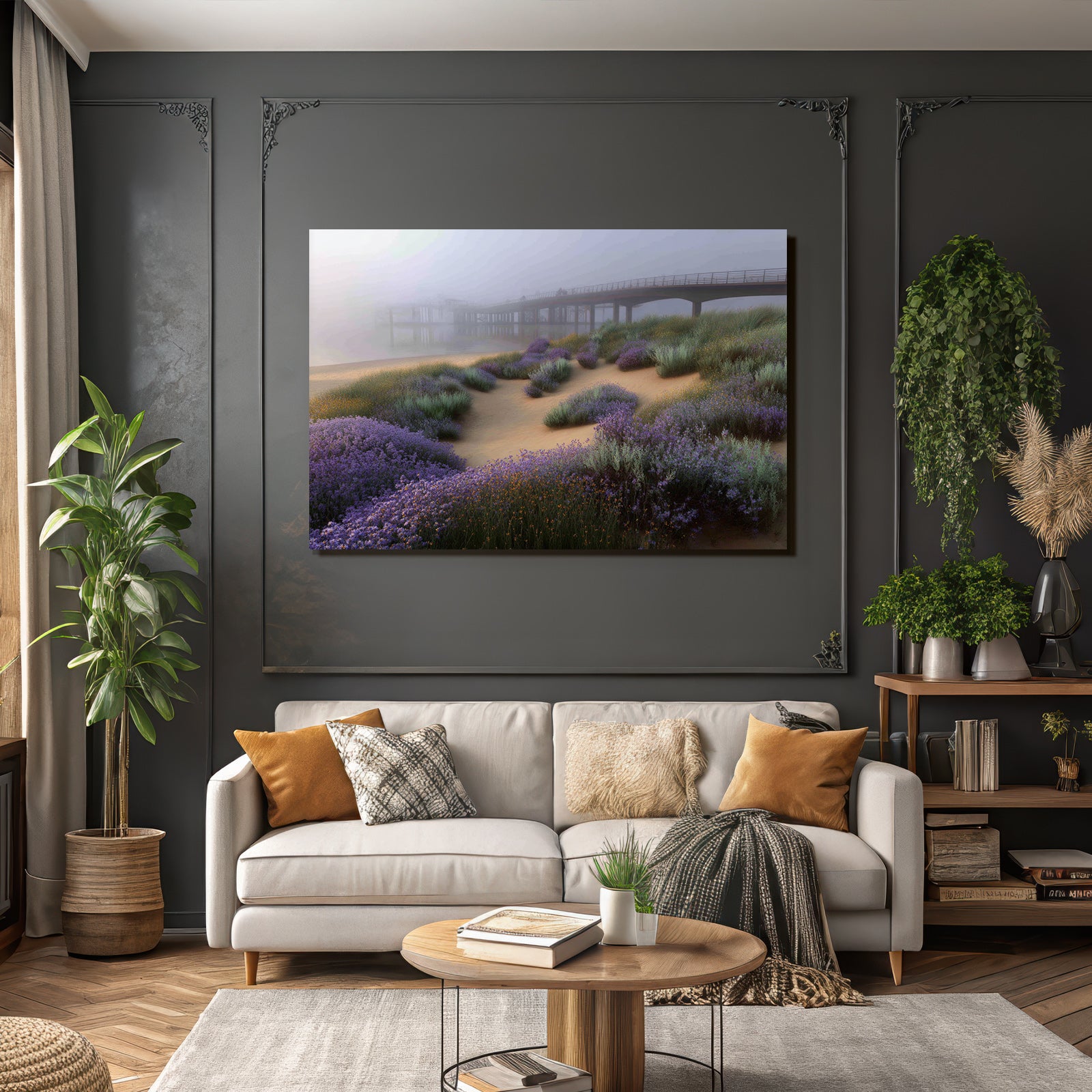 Friedliche Landschaft Mit Pier Und Nebel Mit Lila Blumen | Duenen und Heide | Landschaften
