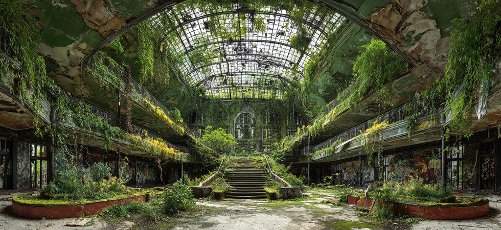 Verlassenes Innenraum Mit Überwucherung Und Graffiti | Lost Places | Architektur