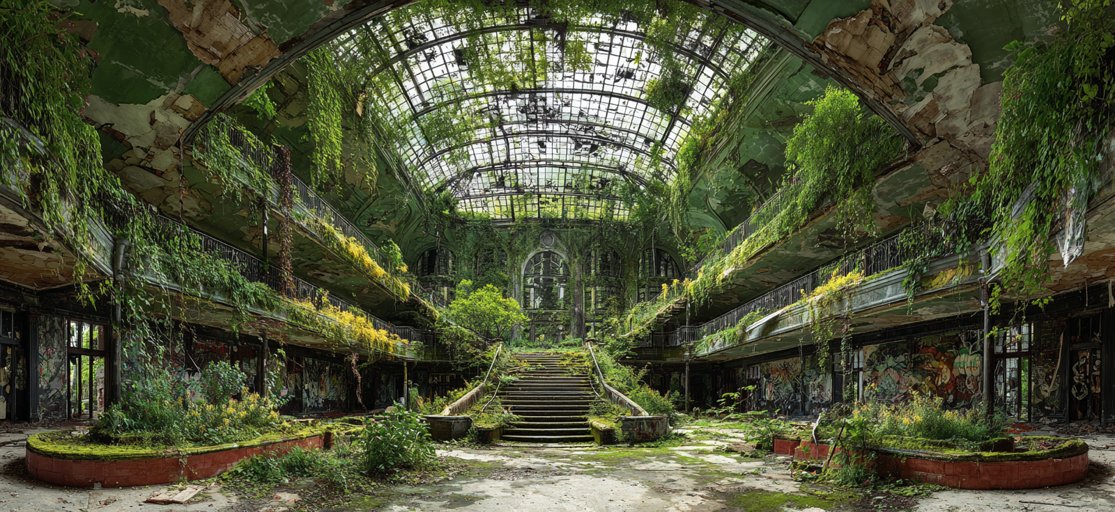 Verlassenes Innenraum Mit Überwucherung Und Graffiti | Lost Places | Architektur