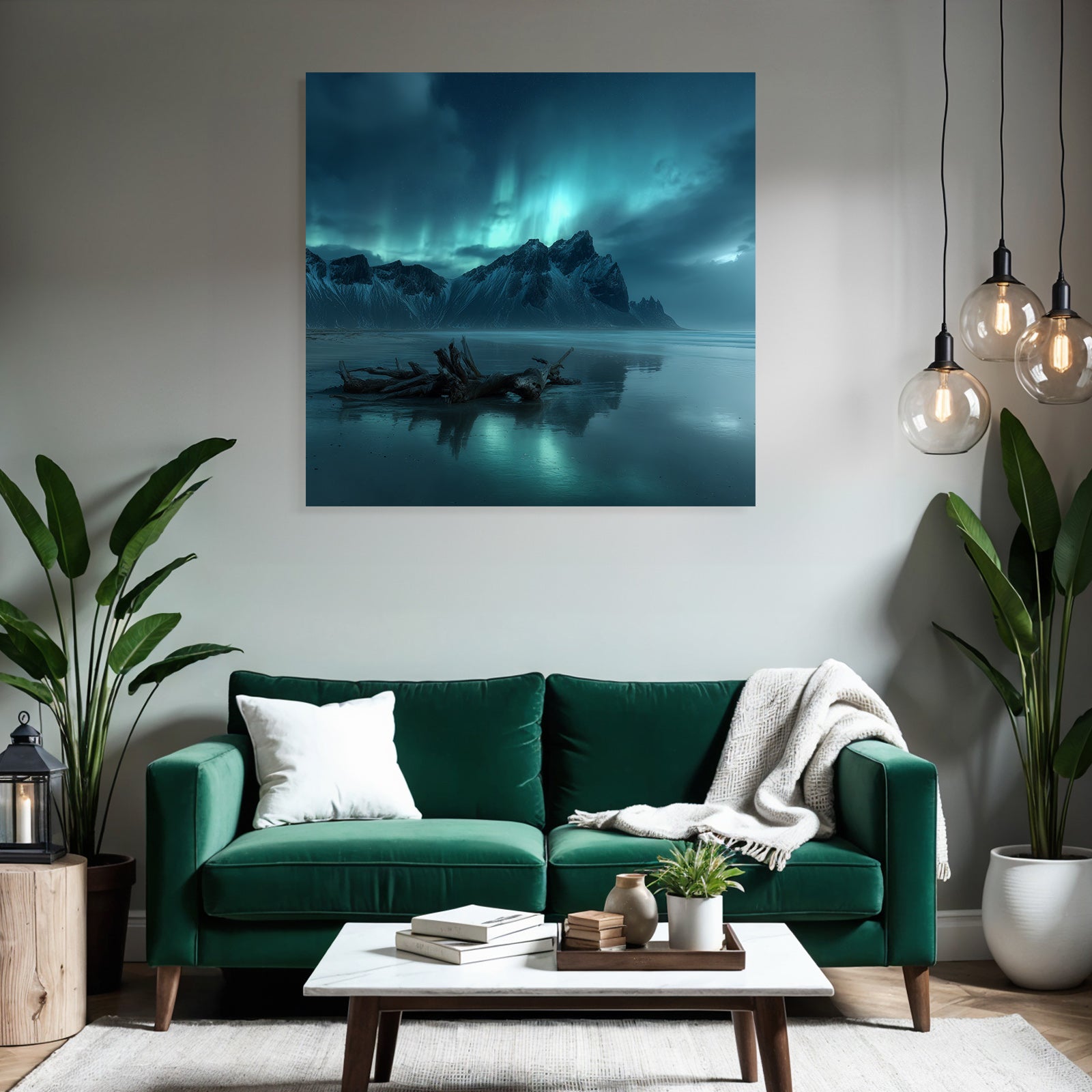 Polarlicht Dramatische Berge Nacht Himmel Aurora Borealis Spiegelung Strand | Fjorde und Gletscher | Landschaften