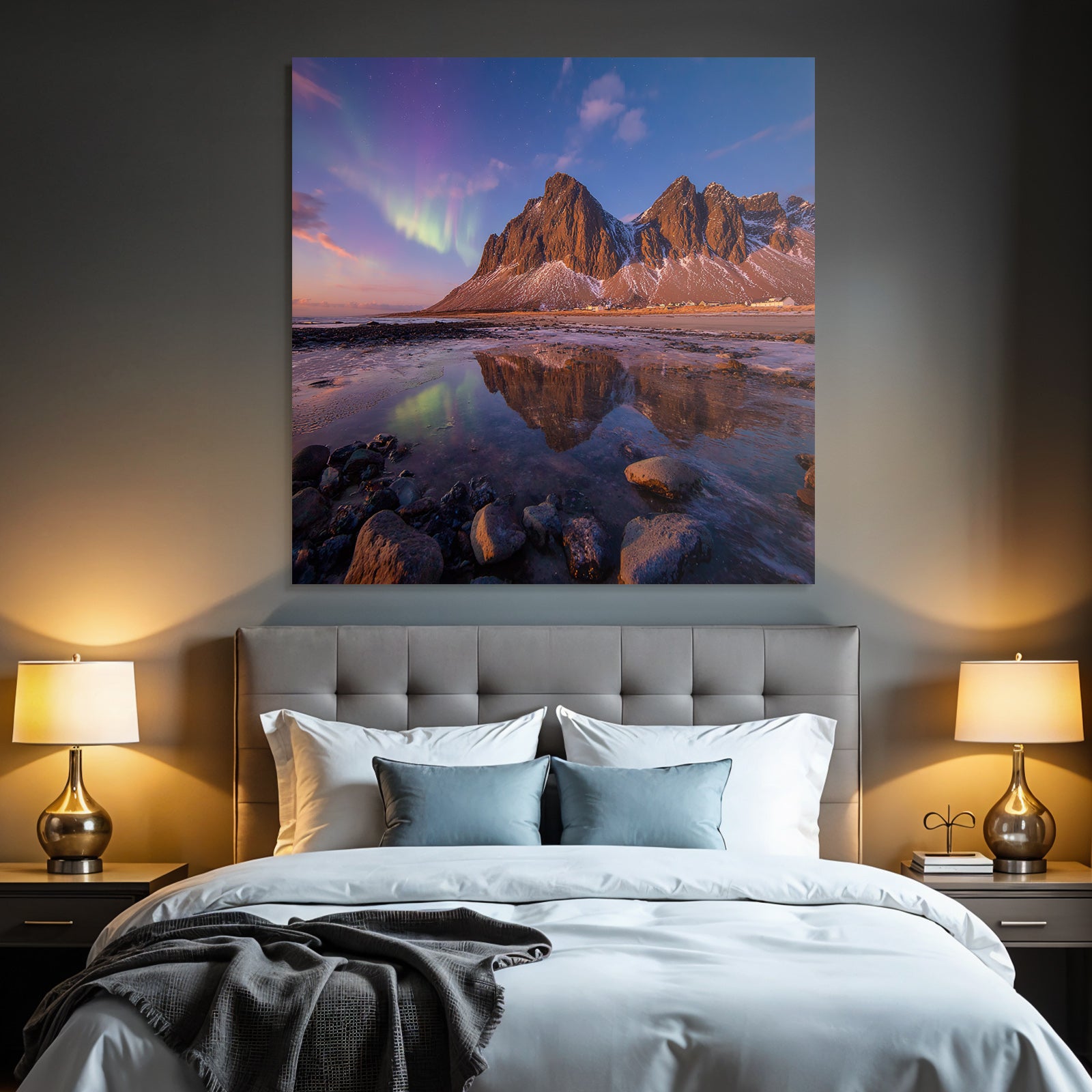 Polarlicht Berglandschaft Aurora Borealis Reflexion Wasser Natur | Fjorde und Gletscher | Landschaften