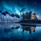 Polarlicht Steinerne Burg Im Schneebedeckten Grossen Landscape Mit Sternenhimmel | Fjorde und Gletscher | Landschaften