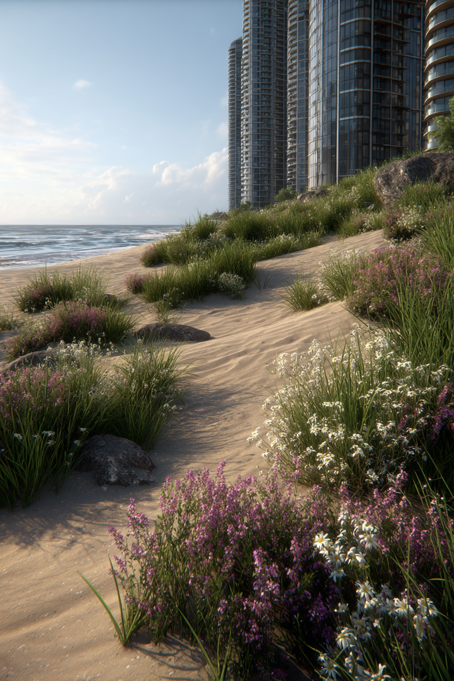 Strandszene Mit Modernen Gebaeuden Und Blumen | Duenen und Heide | Landschaften