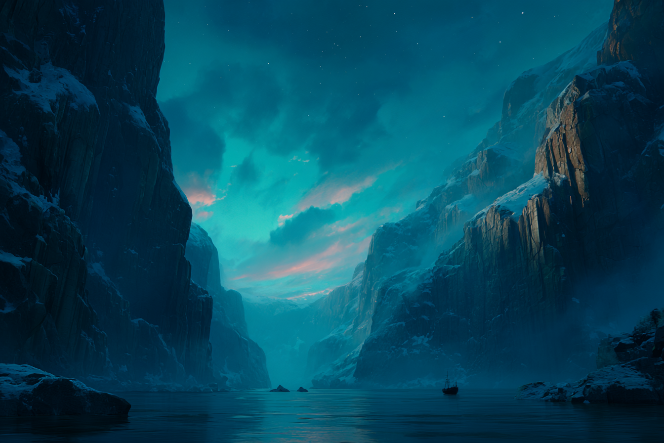 Polarlicht Traumhafte Landlandschaft Klippen Im Schnee Ruhessee Abendstimmung Boot | Fjorde und Gletscher | Landschaften