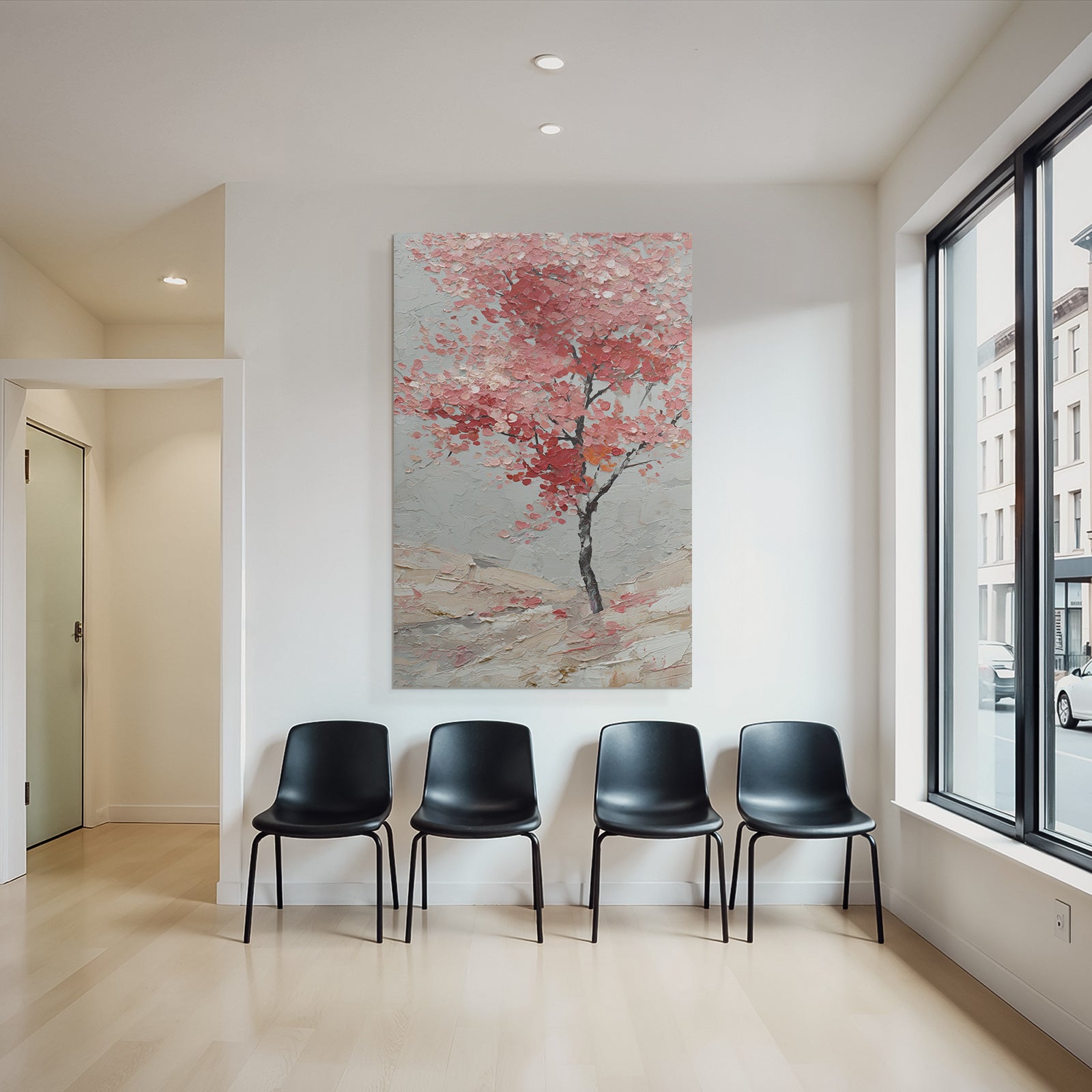 Impasto Baum Mit Pinken Und Roten Blättern Vor Graüm Hintergrund