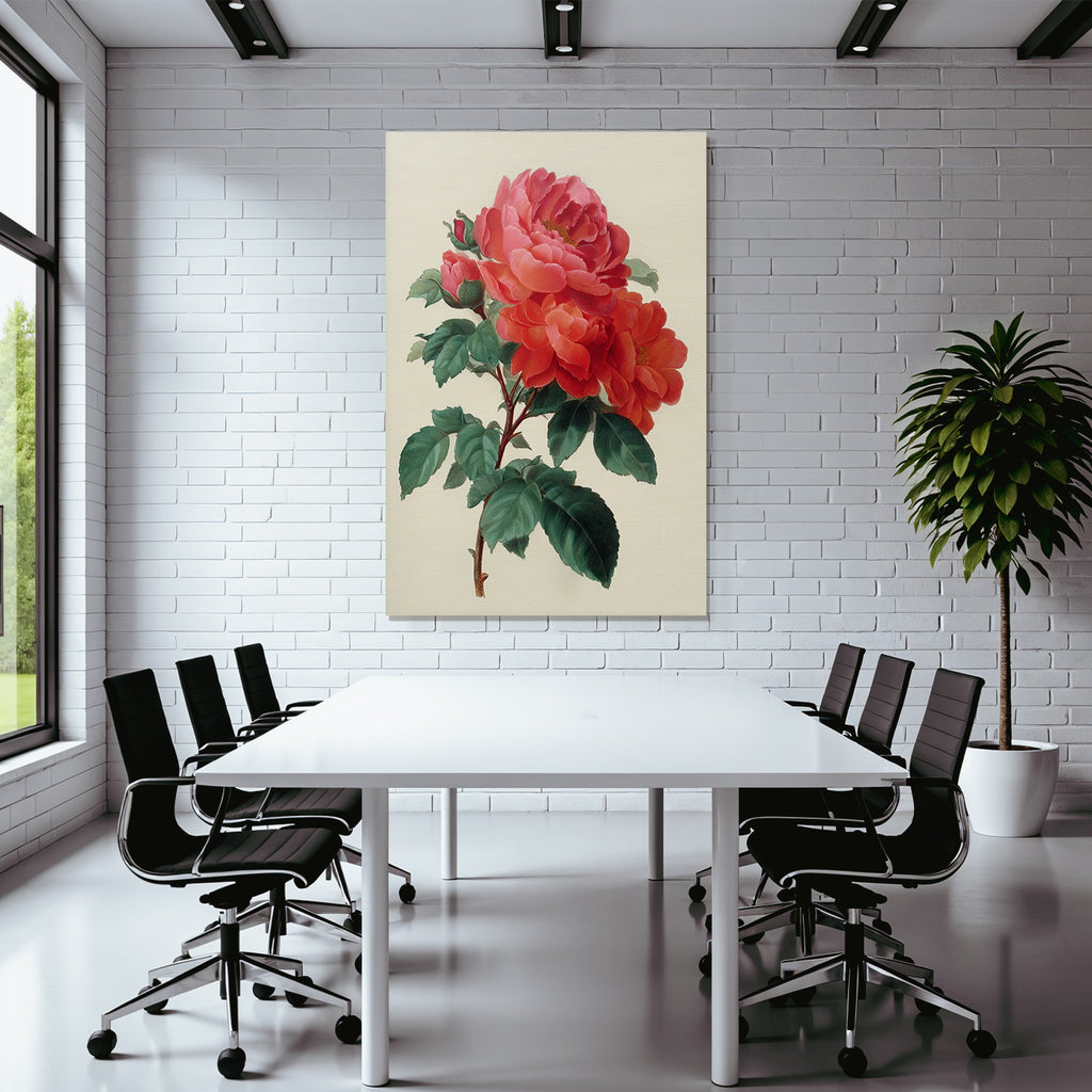 Botanische Illustration Roter Rosen Im Vollblute Mit Blütenknospen Und Grünen Blättern