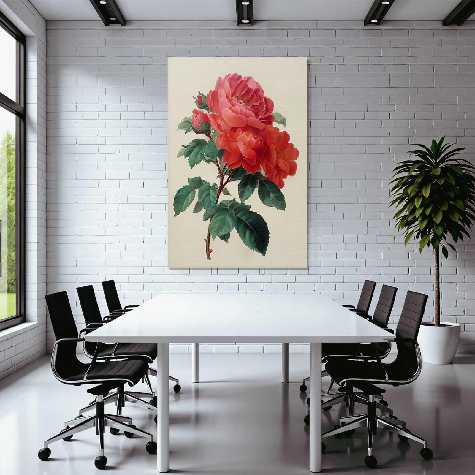 Botanische Illustration Roter Rosen Im Vollblute Mit Blütenknospen Und Grünen Blättern