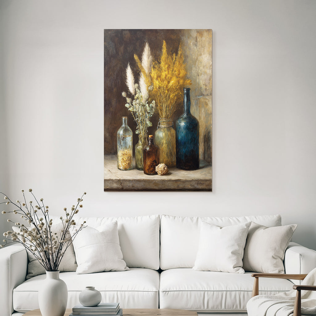 Trocken Retro Flowers Still Life Arrangement Mit Glass Flaschen Und Pflanzen