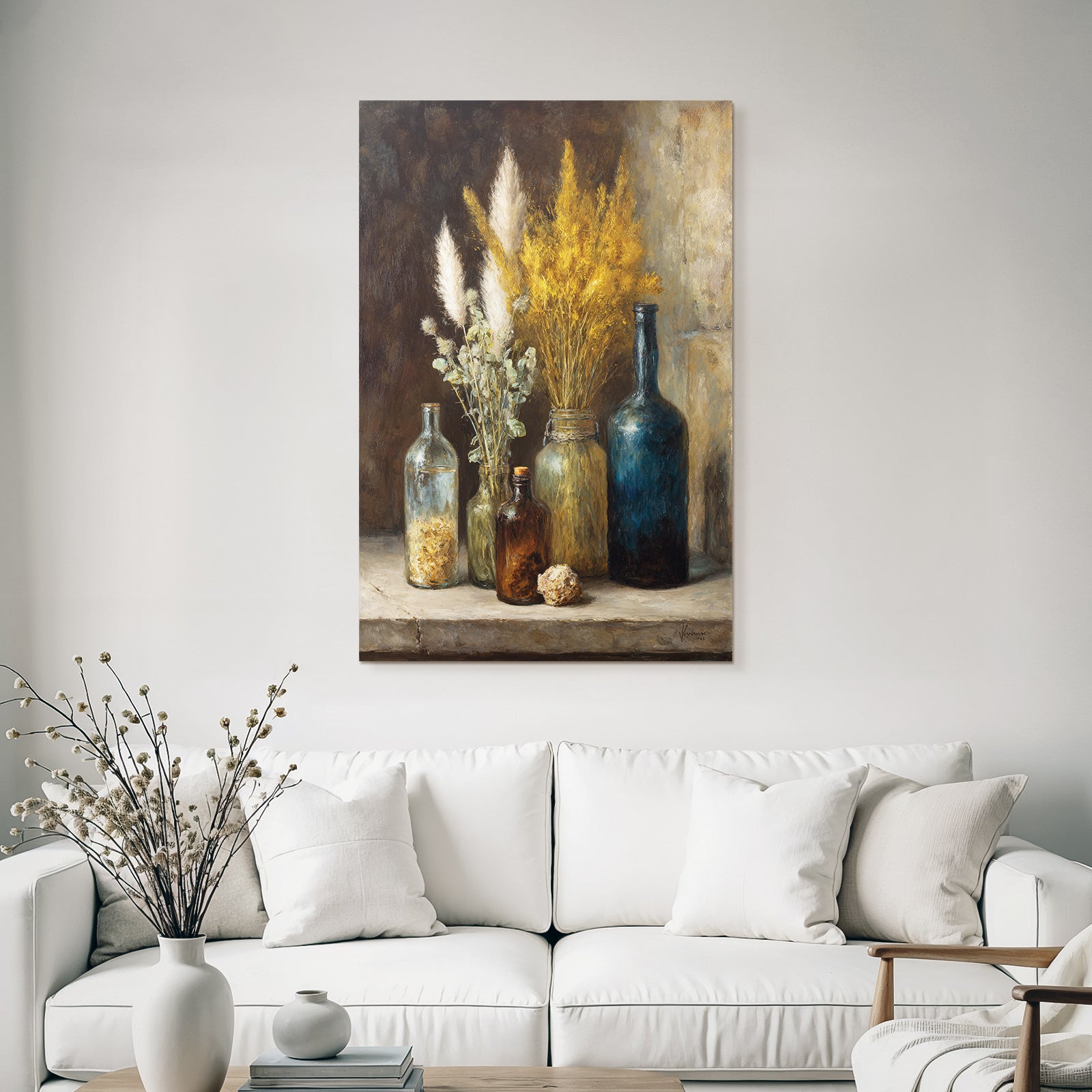 Trocken Retro Flowers Still Life Arrangement Mit Glass Flaschen Und Pflanzen