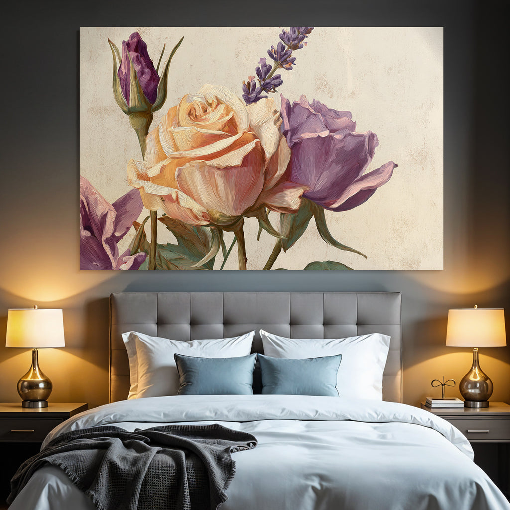 Nahaufnahme Einer Pfirsichfarbenen Rose Purpurrose Und Lavendelzweig