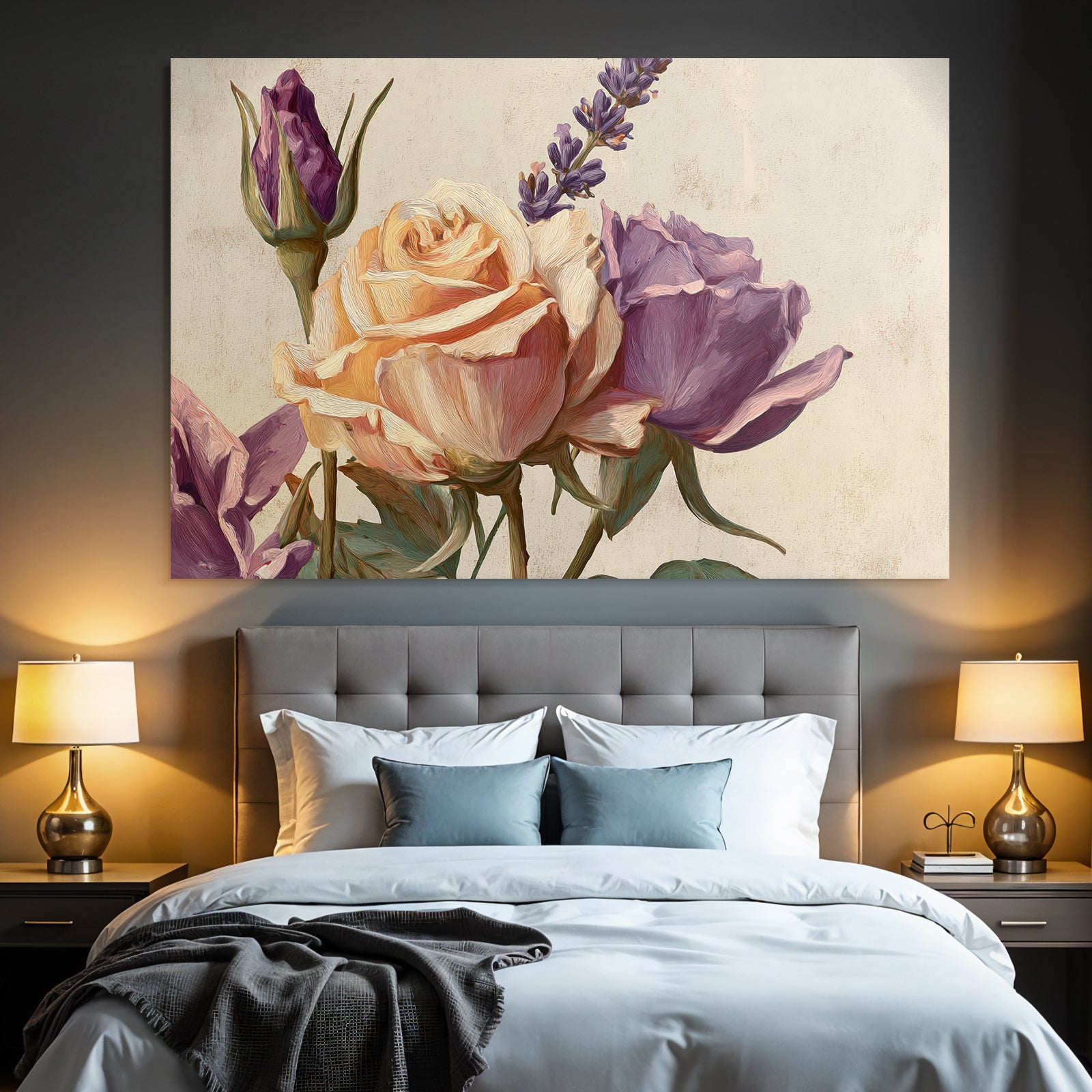 Nahaufnahme Einer Pfirsichfarbenen Rose Purpurrose Und Lavendelzweig