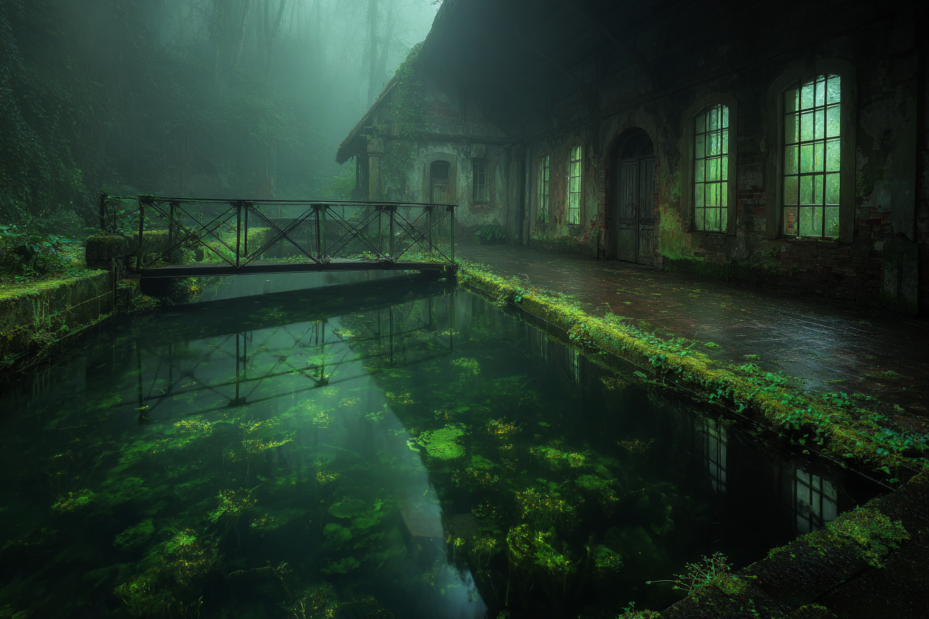Verlassene Gebaeude Am Wasser Umgeben Von Grün Und Nebel | Lost Places | Architektur