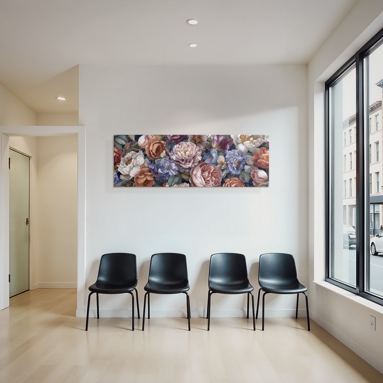 Illustration Mit Pfingstrosen Rosen Und Weiteren Blüten Vor Dunklem Hintergrund