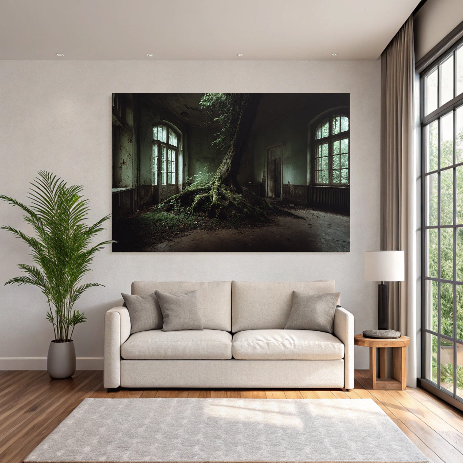 Abandoned Room With Tree Reclaiming Space Wettered Walls And Large Windows | Lost Places | Architektur