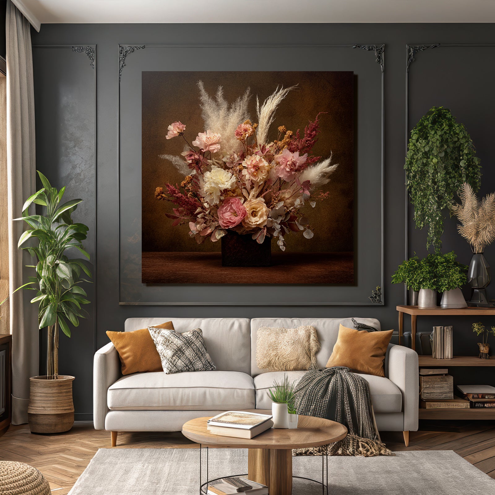 Trocken Retro Flowers Getrocknete In Vase Mit Pampasgras Und Rosen