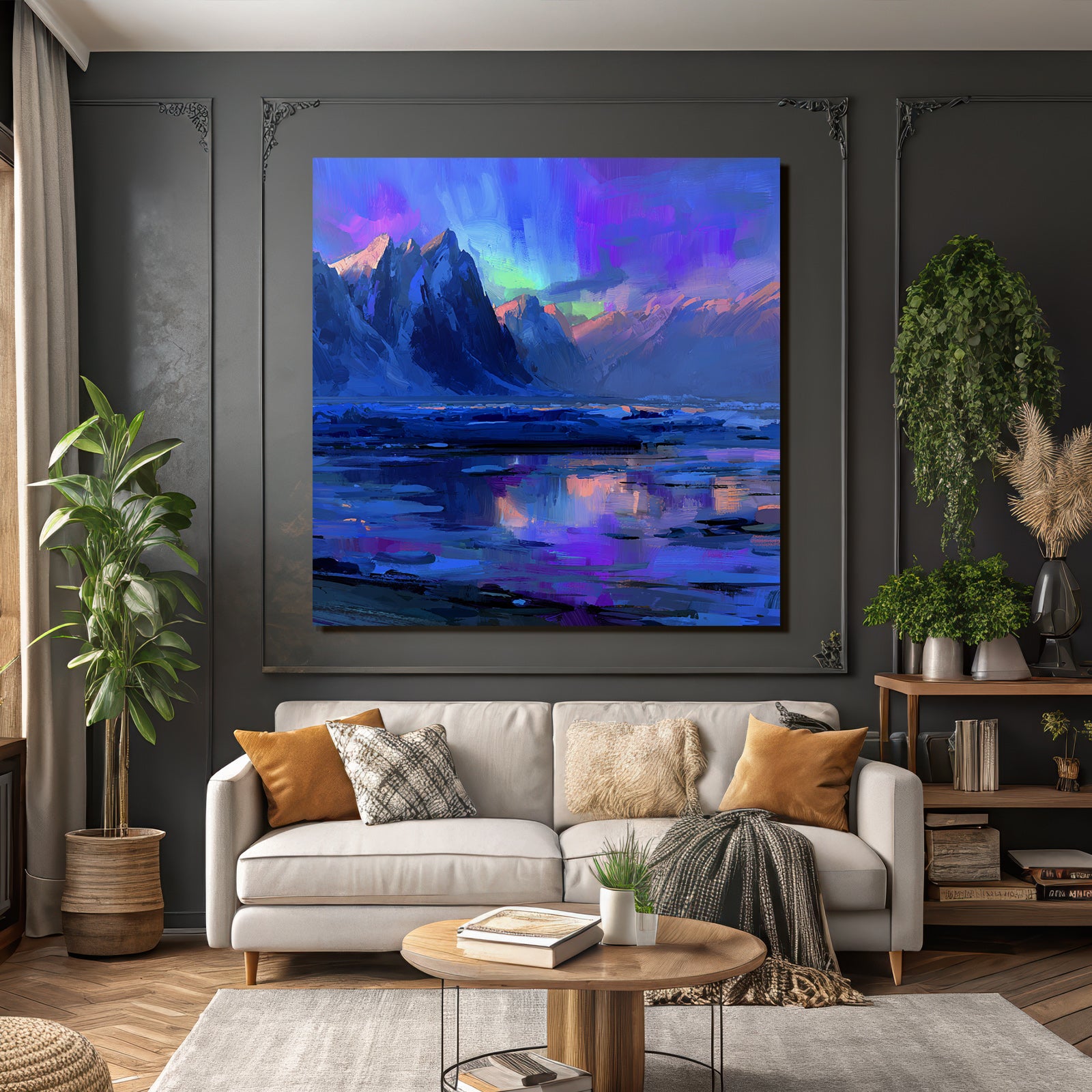 Polarlicht Majestatische Berge Und Reflektierendes Wasser Mit Aurora Farben | Fjorde und Gletscher | Landschaften