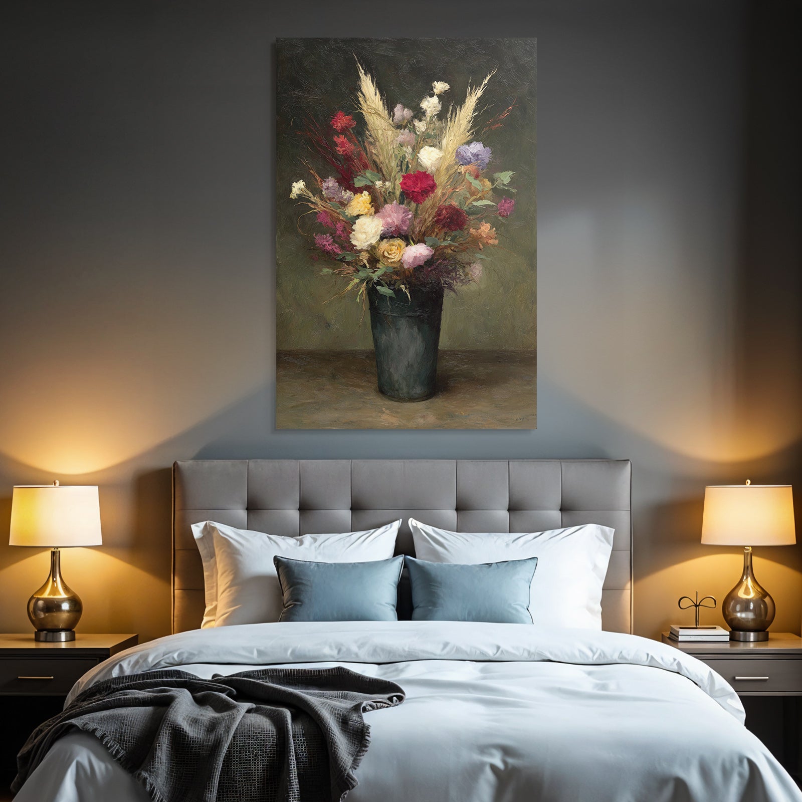 Trocken Retro Flowers Stille Leben Mit Im Dunkelgrünen Vase