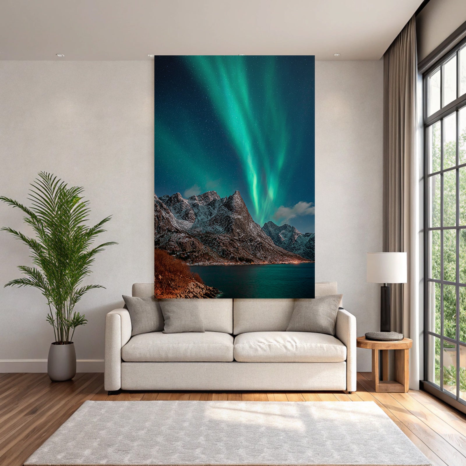 Polarlicht Schneebedeckte Berge Unter Aurora Borealis Nachtlandschaft | Fjorde und Gletscher | Landschaften