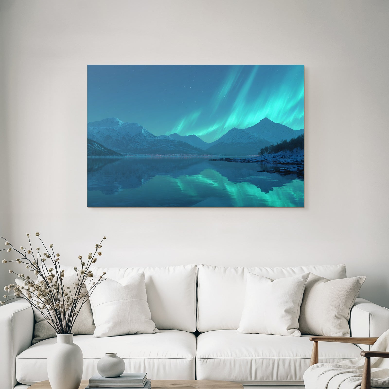 Polarlicht Schneebedeckte Berge Ruhe Im Wasser Aurora Borealis Nacht Szene | Fjorde und Gletscher | Landschaften