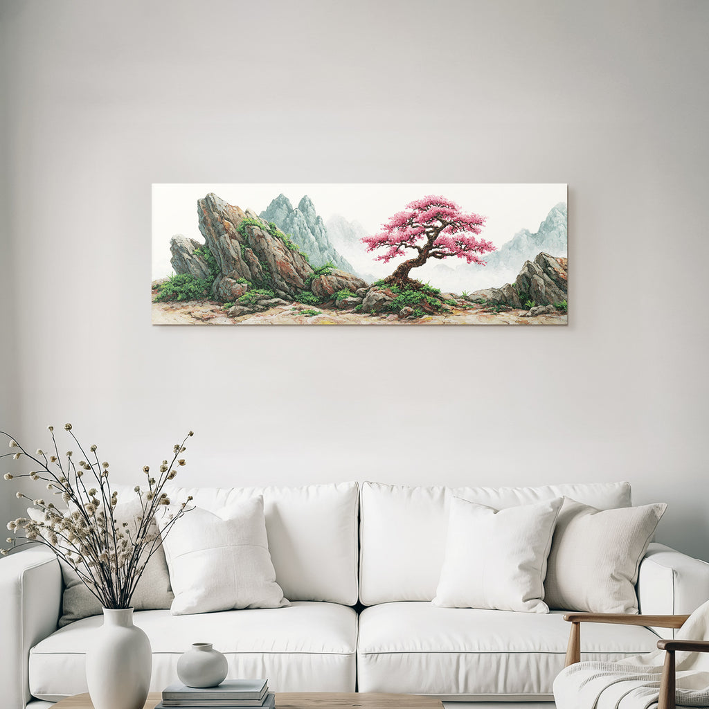 Blühender Baum In Felsenlandschaft Vor Bergen