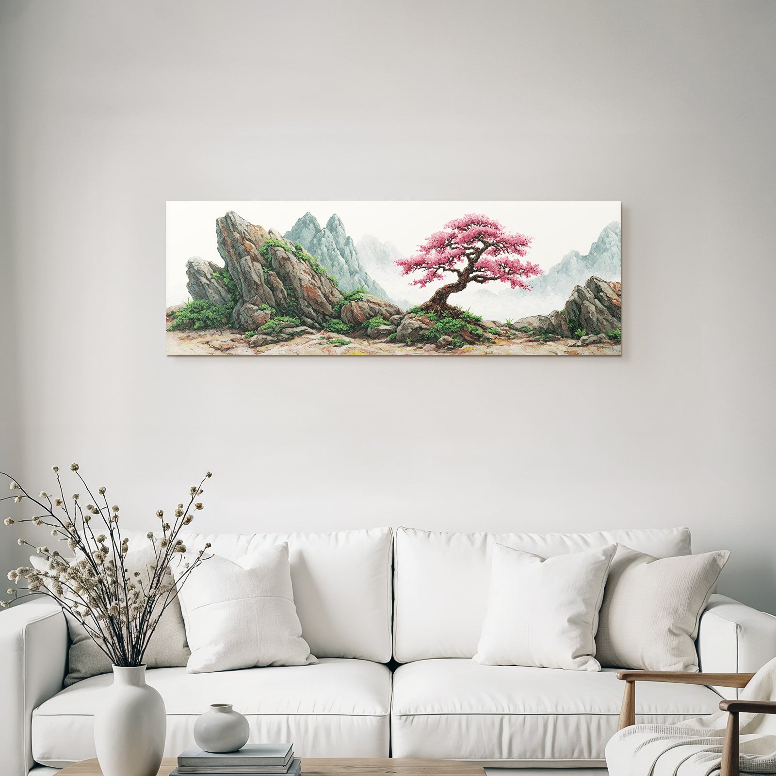 Blühender Baum In Felsenlandschaft Vor Bergen