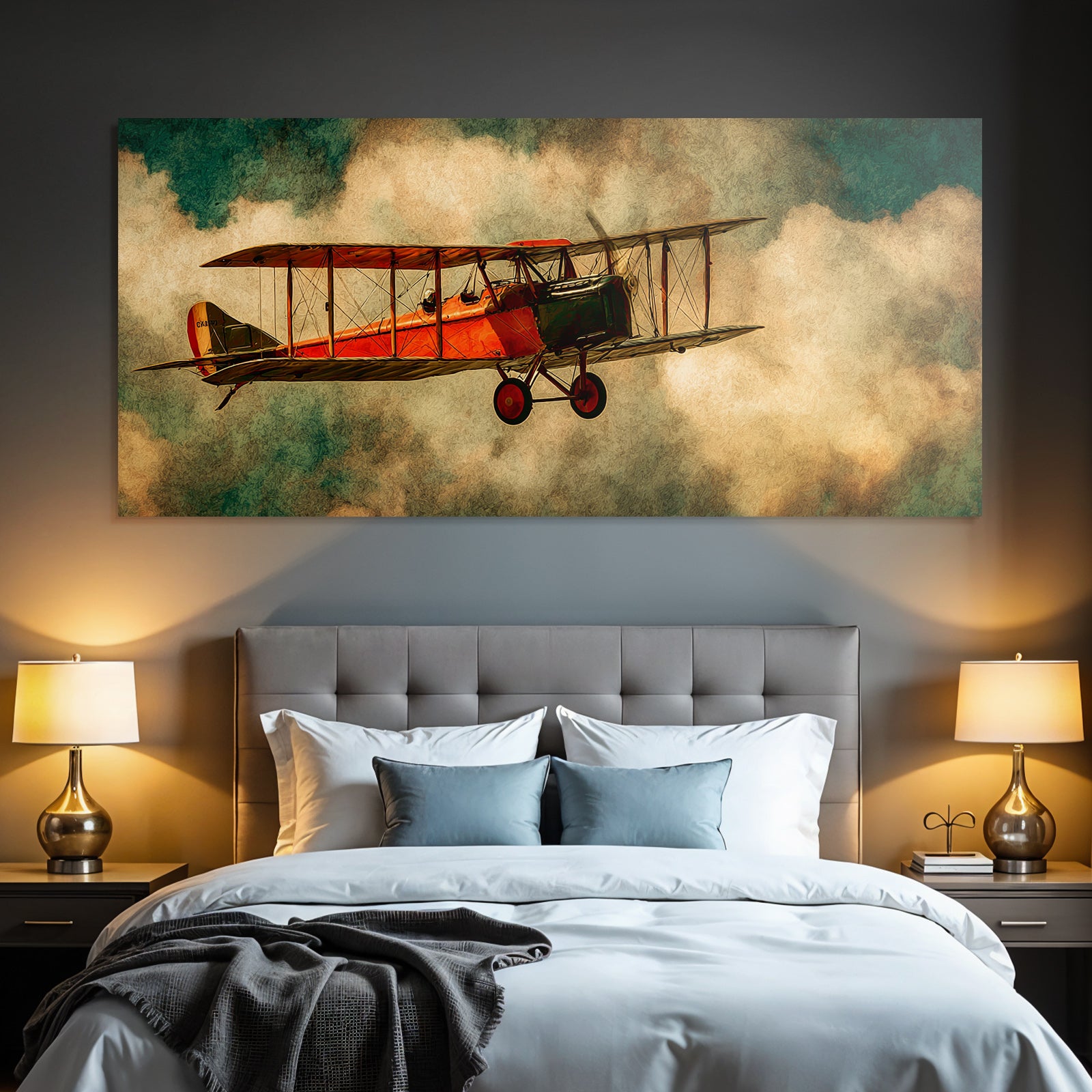 Vintage Biplane Roter Himmel Mit Nebel Kunstwerk | Flugzeuge | Mobilitaet und Technik