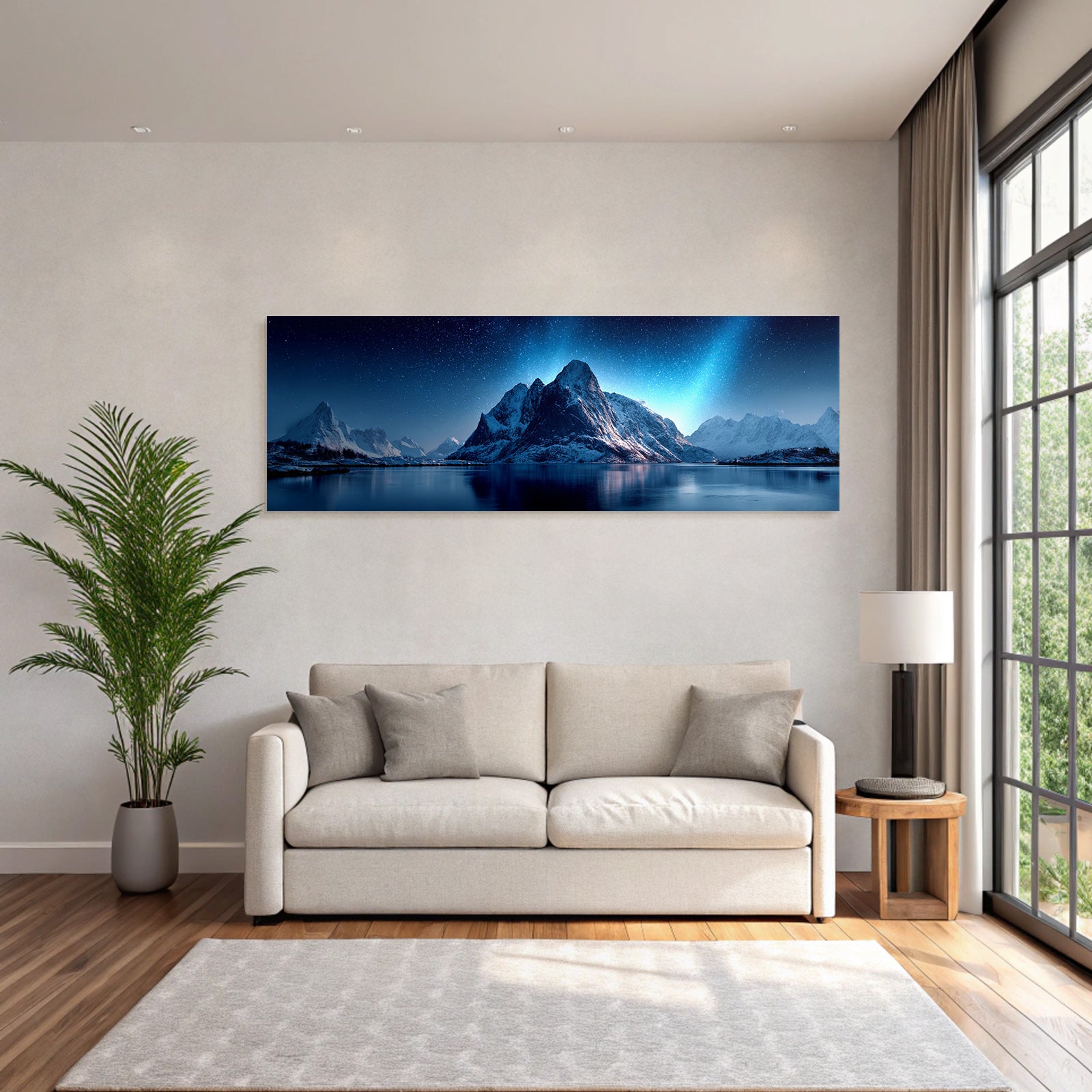 Polarlicht Beruhigende Berglanschaft Unter Sternenhimmel Mit Reflektierender Wasseroberfläche | Fjorde und Gletscher | Landschaften
