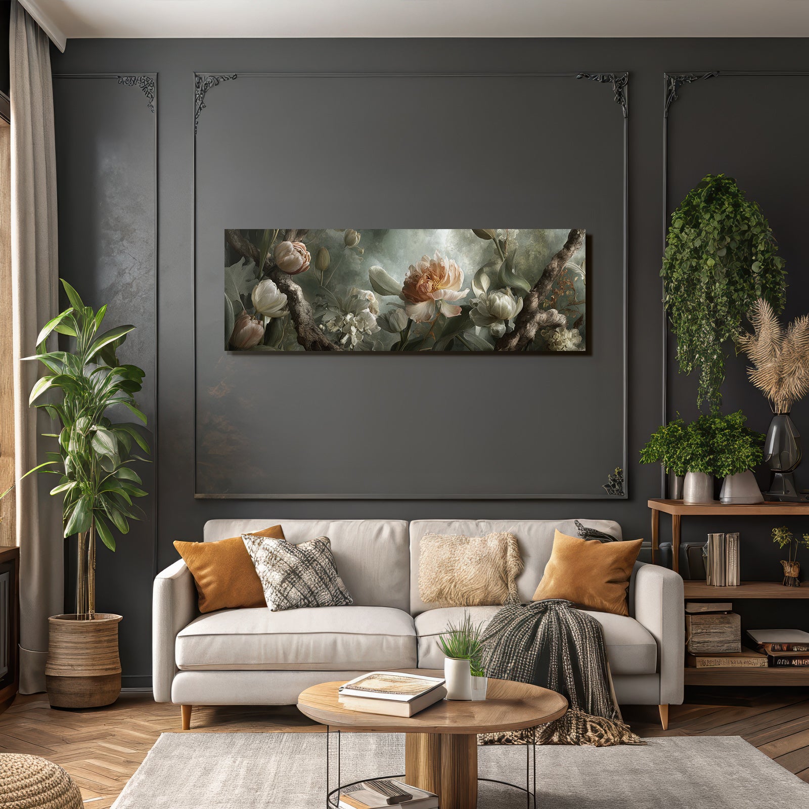 Arrangement Mit Tulpen Und Pfingstrosen An Zweigen