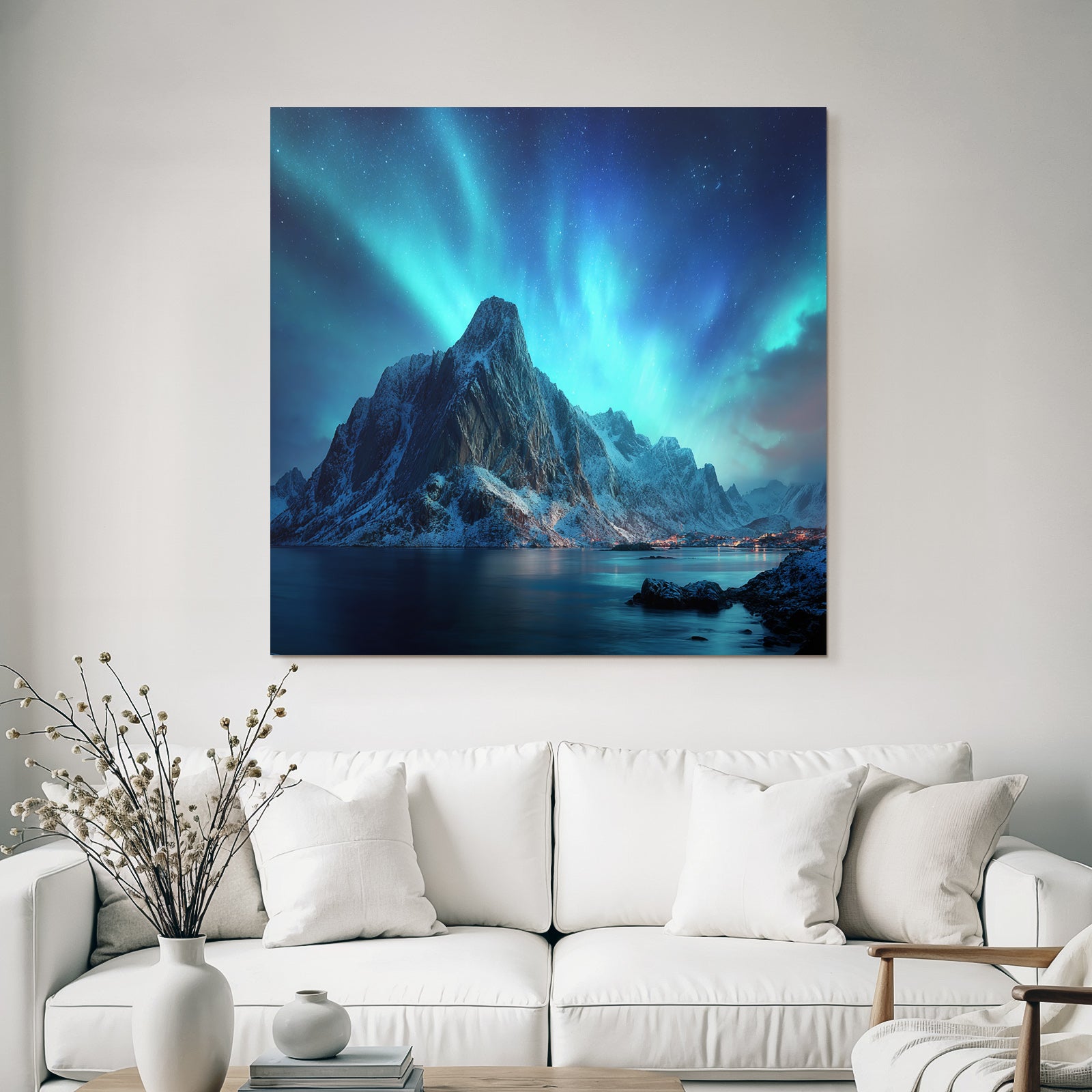 Polarlicht Mountainlandschaft Nacht Himmel Nordlichter Schneebedeckte Spitzen Wasser Reflection | Fjorde und Gletscher | Landschaften