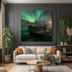 Polarlicht Winterlandschaft Boote Auroraborealis Schneebärgebirge | Fjorde und Gletscher | Landschaften