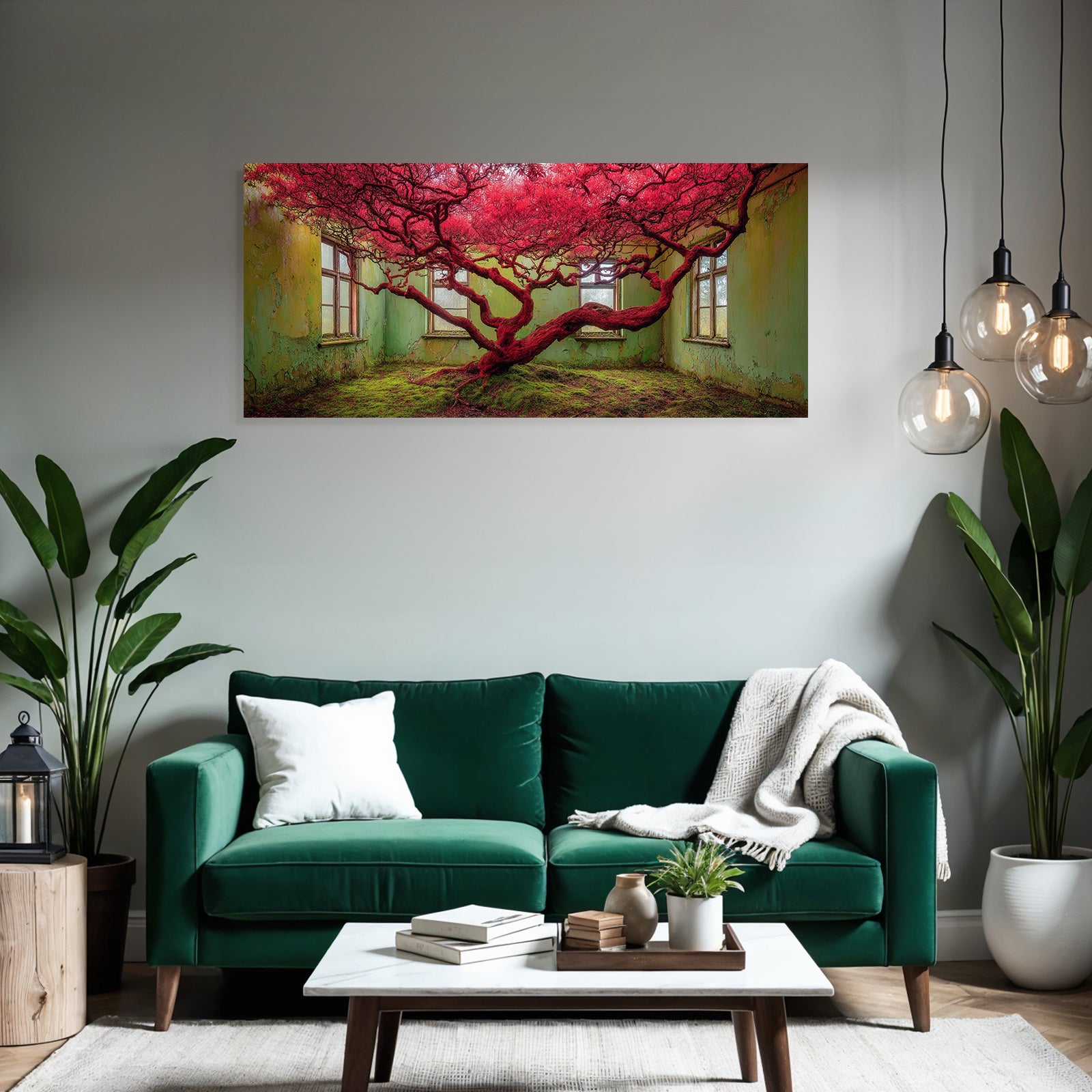 Rote Baum In Verfallener Raum Mit Grünen Wädern Und Moos Bedecktem Boden | Lost Places | Architektur