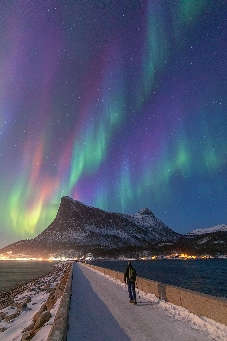 Polarlicht Nordlichter Nacht Szene Wanderer Schneebedeckter Weg | Fjorde und Gletscher | Landschaften