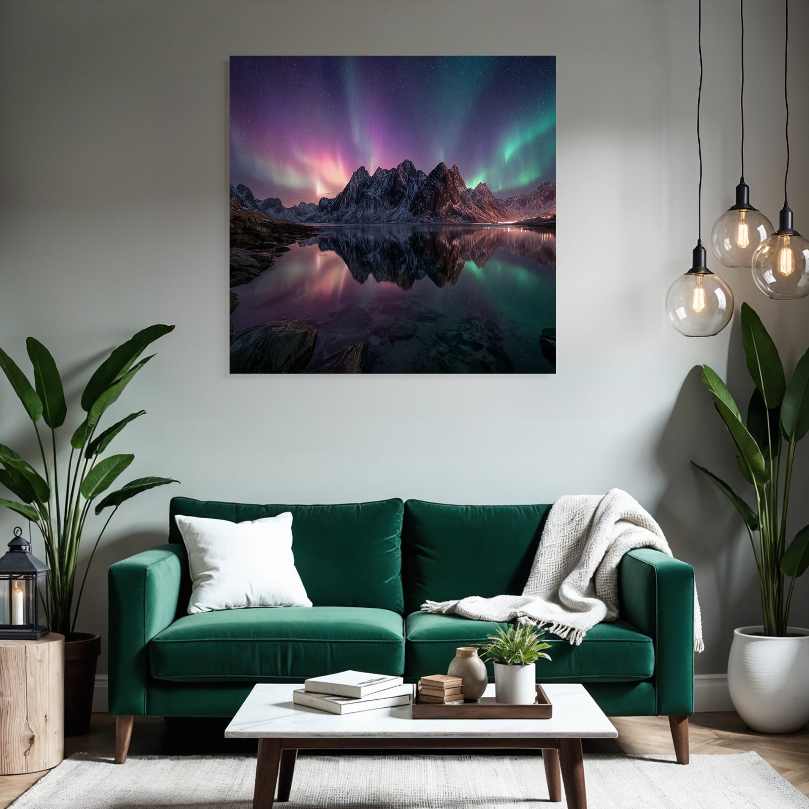 Polarlicht Schöne Naturlandschaft See Umgeben Von Schneebedeckten Bergen Aurora Nacht | Fjorde und Gletscher | Landschaften