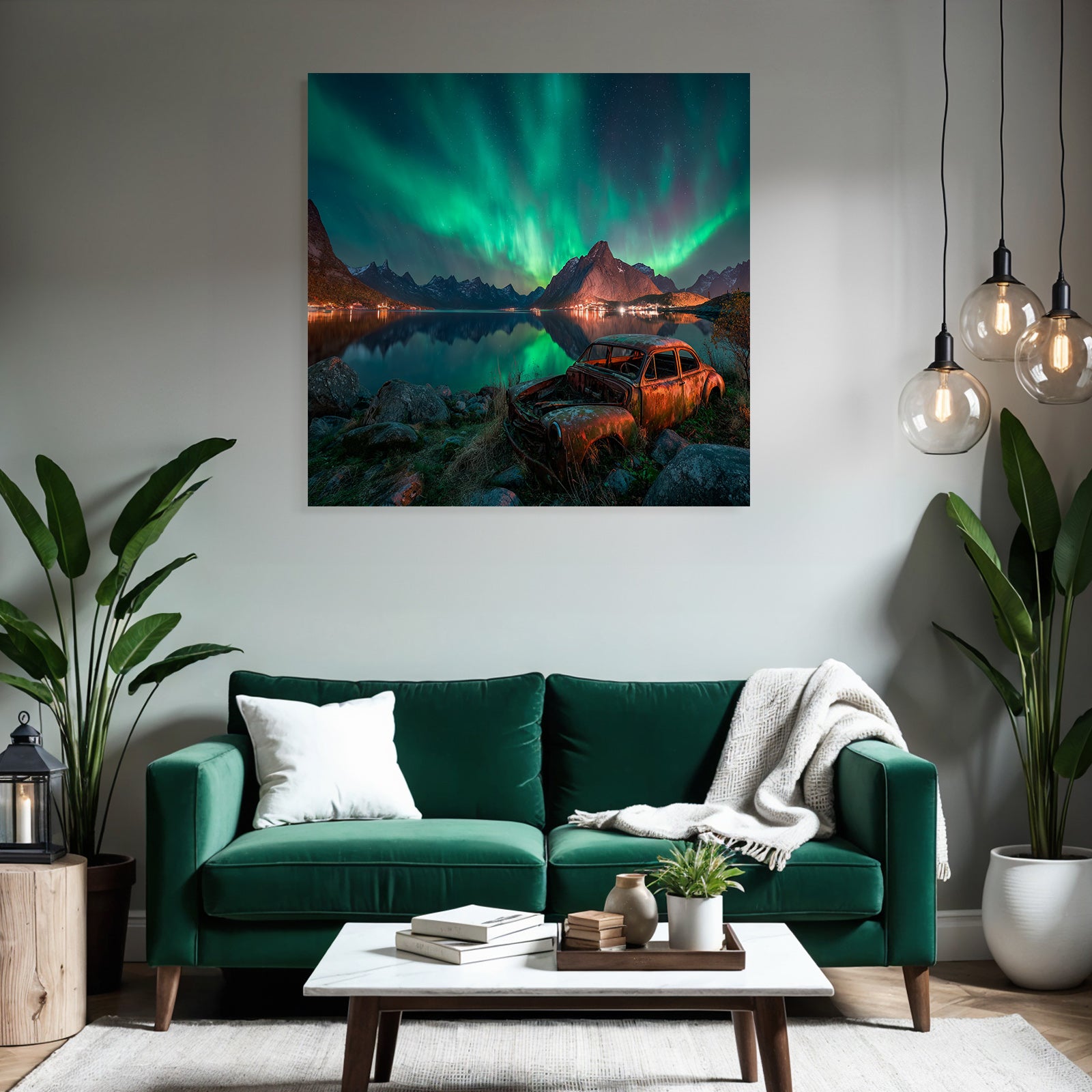 Polarlicht Nordlichter Und Rustiges Auto Am See Mit Bergen Im Hintergrund | Fjorde und Gletscher | Landschaften