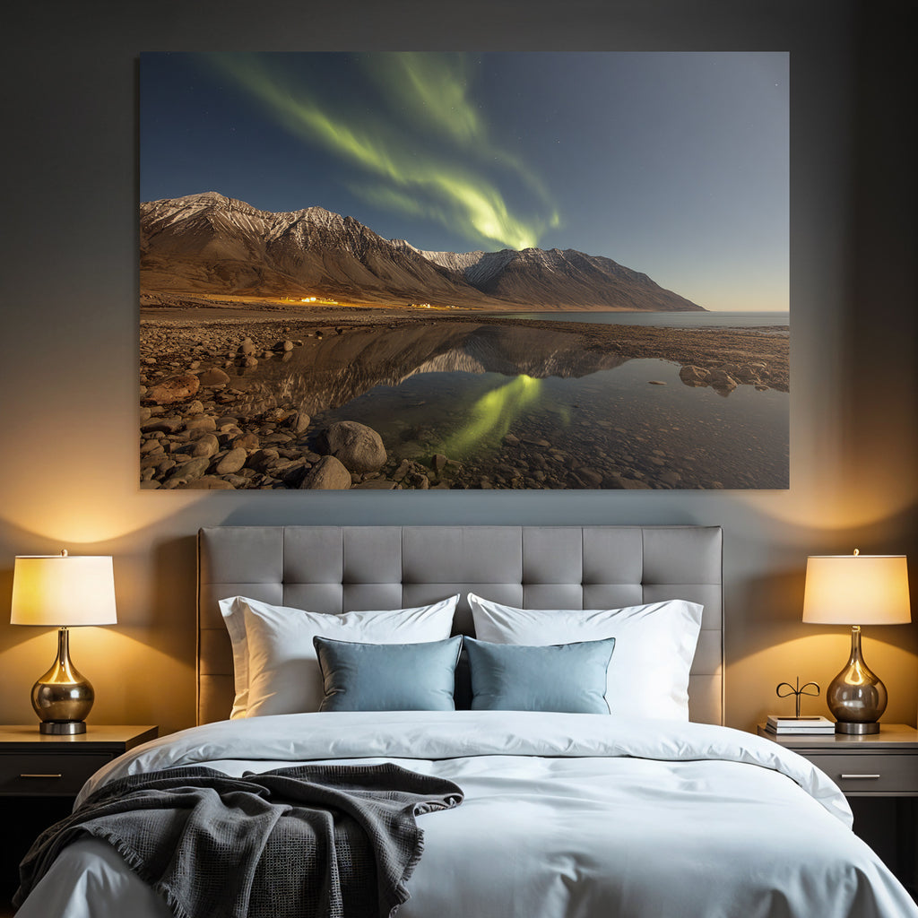 Polarlicht Nordlichter Reflektion Berge Und Wasser Schneebedeckt Ruhe | Fjorde und Gletscher | Landschaften