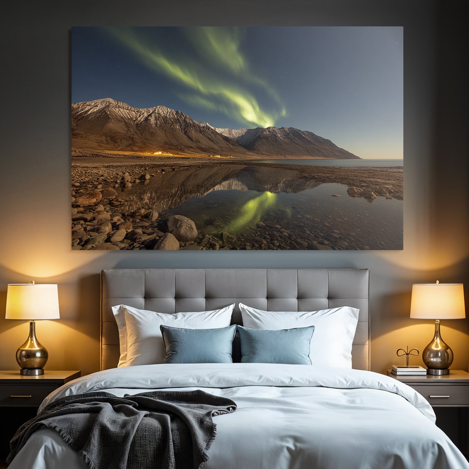 Polarlicht Nordlichter Reflektion Berge Und Wasser Schneebedeckt Ruhe | Fjorde und Gletscher | Landschaften