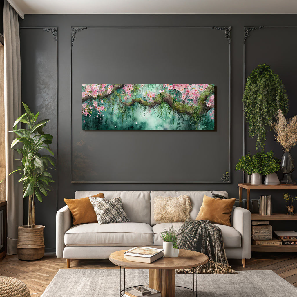 Aquarell Zweig Mit Rosa Kirschblüten Vor Grünblaüm Hintergrund
