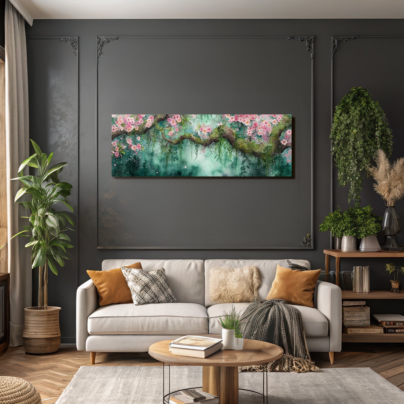Aquarell Zweig Mit Rosa Kirschblüten Vor Grünblaüm Hintergrund