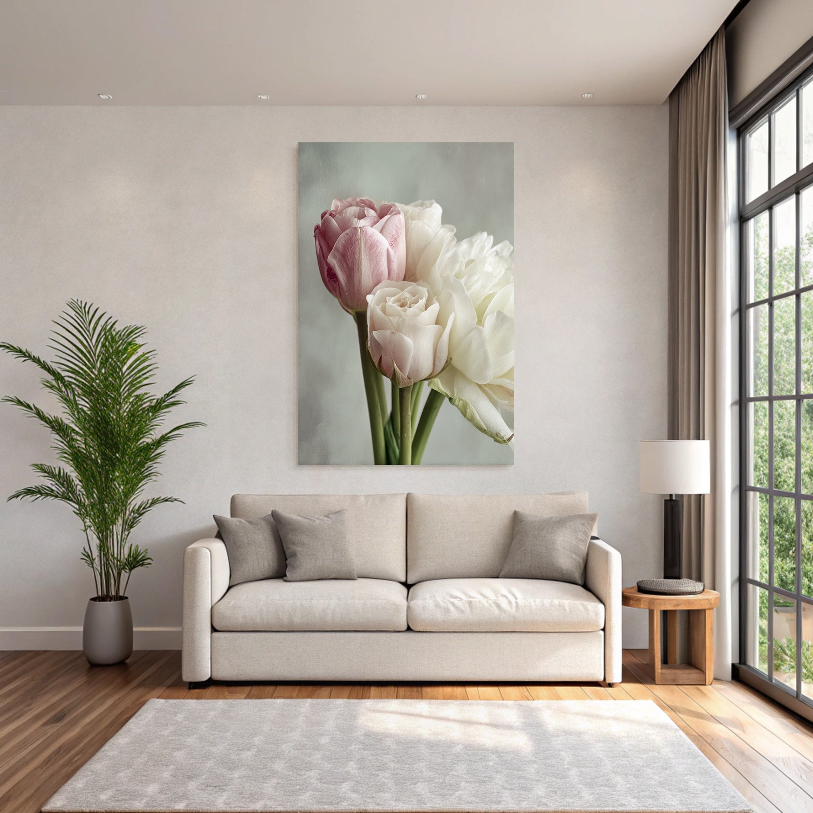 Nahaufnahme Von Rosa Und Weisser Rose Mit Tulpen