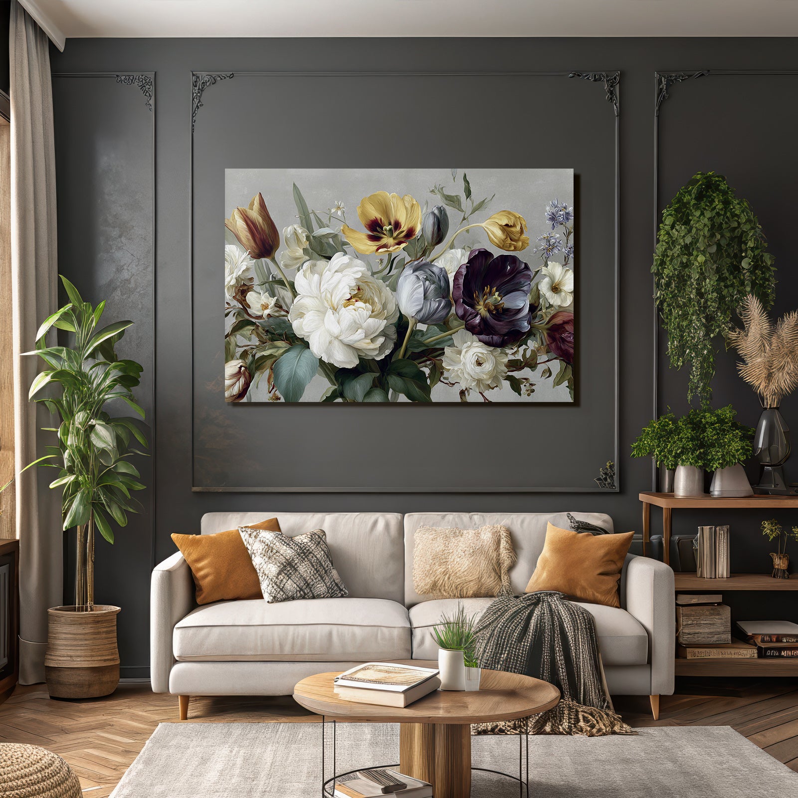 Schöne Komposition Mit Tulpen Und Pfingstrosen Vor Strukturiertem Hintergrund