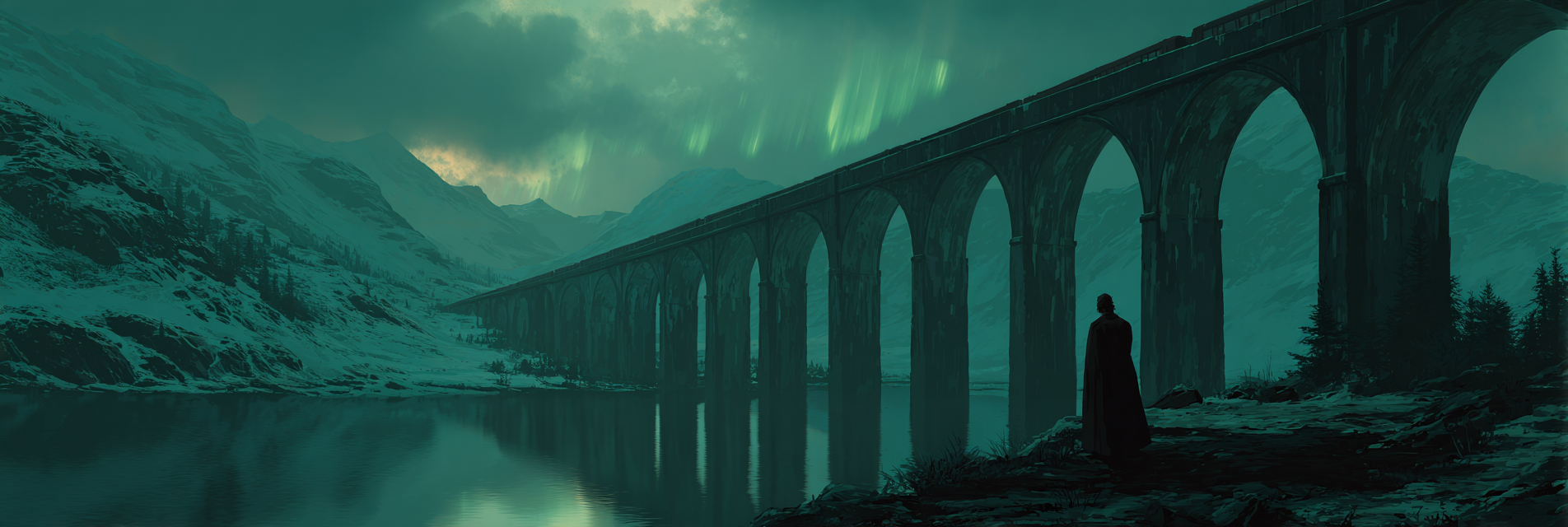 Polarlicht Digital Kunstlandschaft Mit Brücke Und Nordlichtern | Fjorde und Gletscher | Landschaften